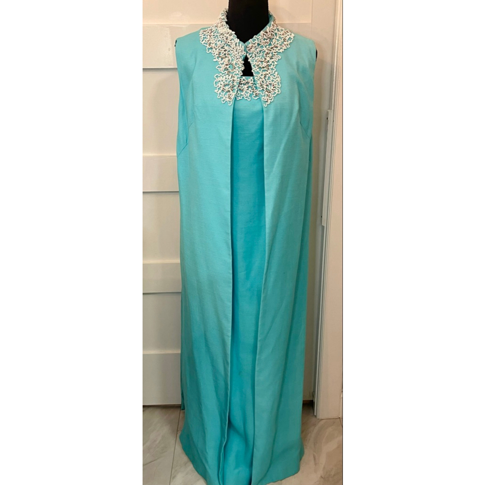 1960s Handmade Turquoise Beaded Maxi Dress Vintage MOD Hostess Gown s/xs